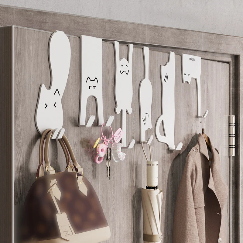 Cute Cartoon Cat Behind Door Hook Home Punch Free Kitchen Bathroom Cabinet Hanger Multi-purpose Iron Key Hat Clothes Hook