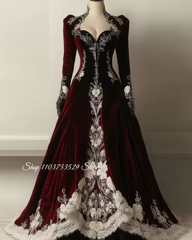 Custom Burgundy Vintage Victorian Ball Gown Velvet Embroidered Evening Gown 2025 Christmas Ball Gown Special Occasion Dress