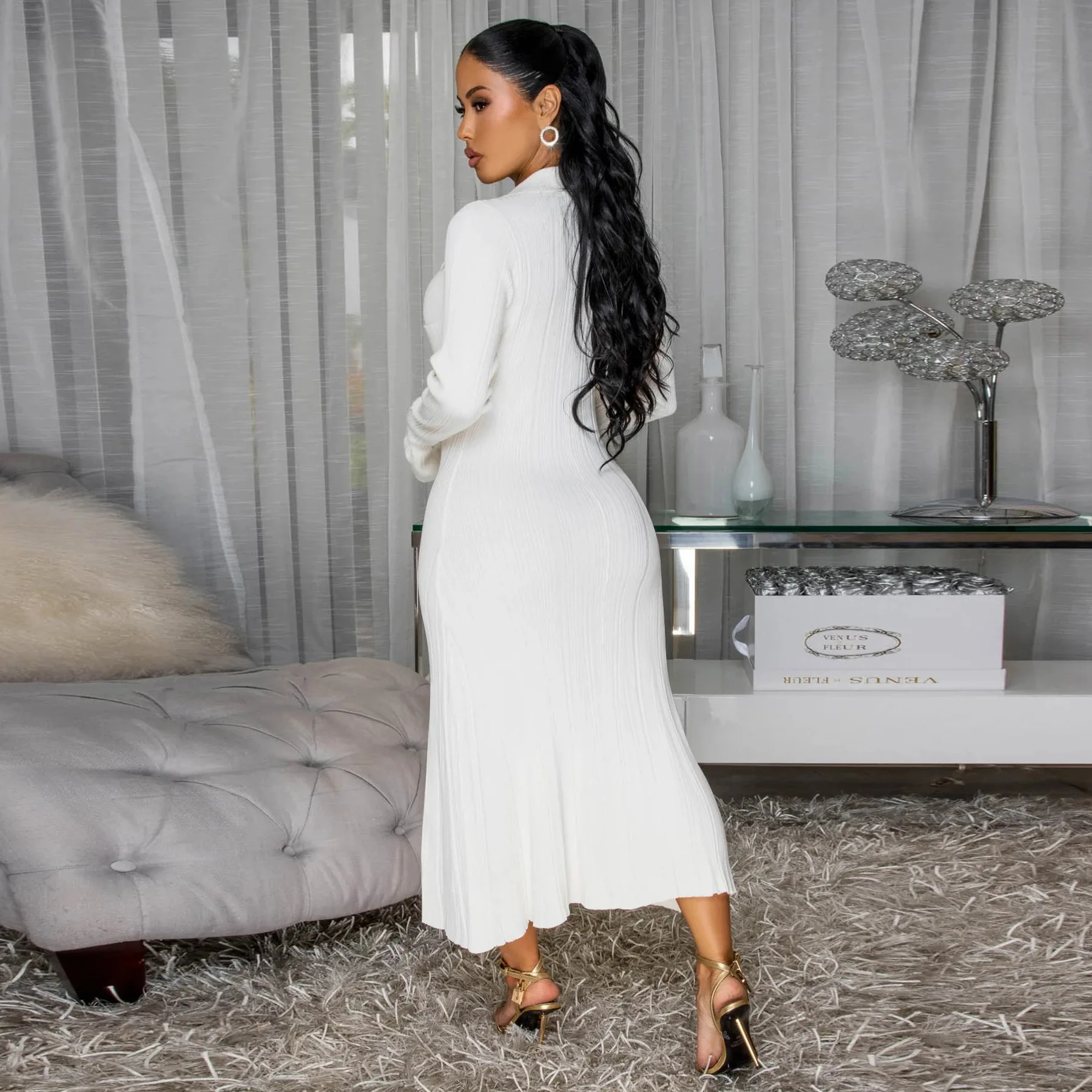 Sister Star Women's Dress Fashion V-neck Solid Color Long Dress Single Breasted Long Sleeve Temperament Commuting Dress Vestido