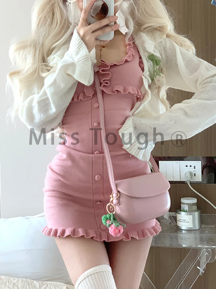 Fato de vestido de malha feminino, ruched, fino, estilo coreano, rosa, japonês kawaii, francês, elegante, conjunto 2 peças, outono, 2023