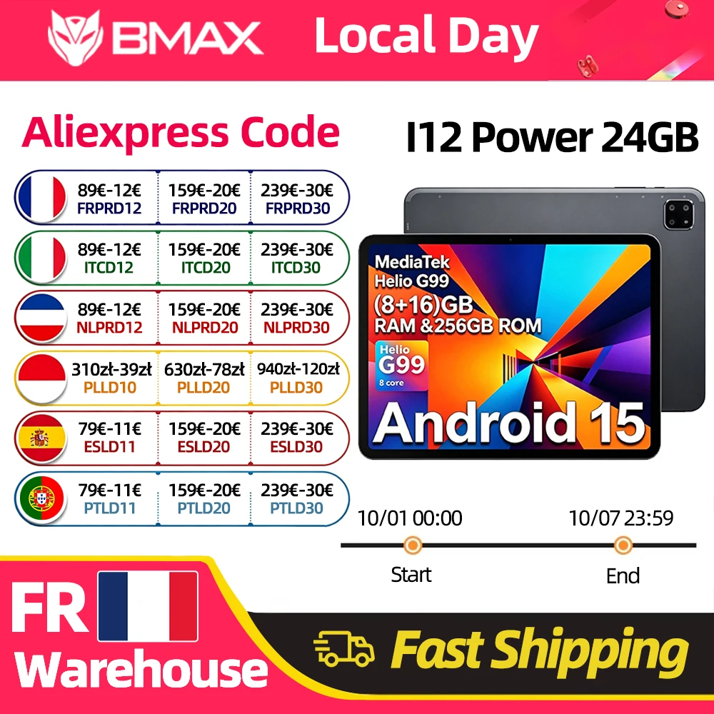 Tablet BMAX I12 Power 11,4" Display IPS 2,4K 90Hz MediaTek Helio G99 8-core 24(8GB+16GB) RAM 256GB ROM 8000mAh Type-C Android 15 Tablet 4G LTE GPS WiFi Supporto Dual SIM