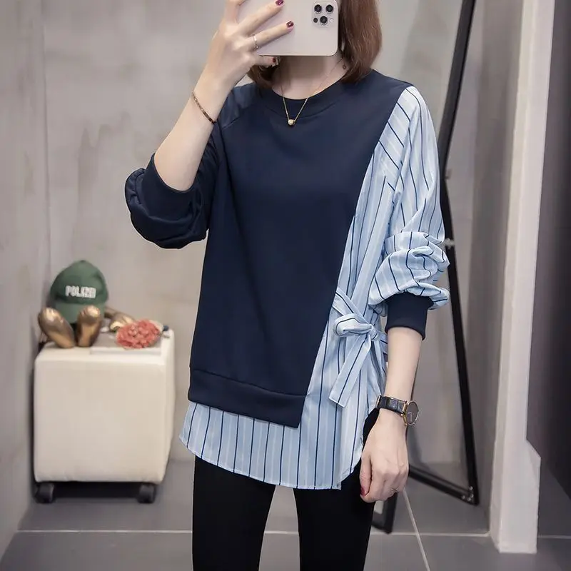 Fashion Casual Spliced Asymmetrical Sweatshirts Women\'s Clothing 2023 Spring Autumn Round Neck Chic All-match Drawstring Jumpers