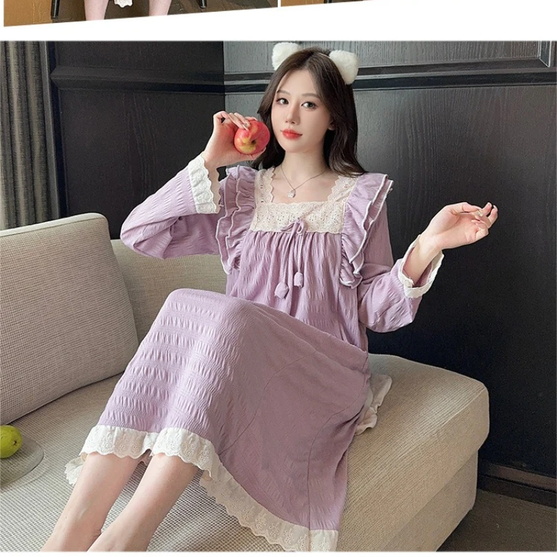 

Plus SIze Princess Style Ruffle Sleepwear Women Home Clothes Spring Autumn Korean Loose Nightgown with Cheat Pad Can Be Outwear