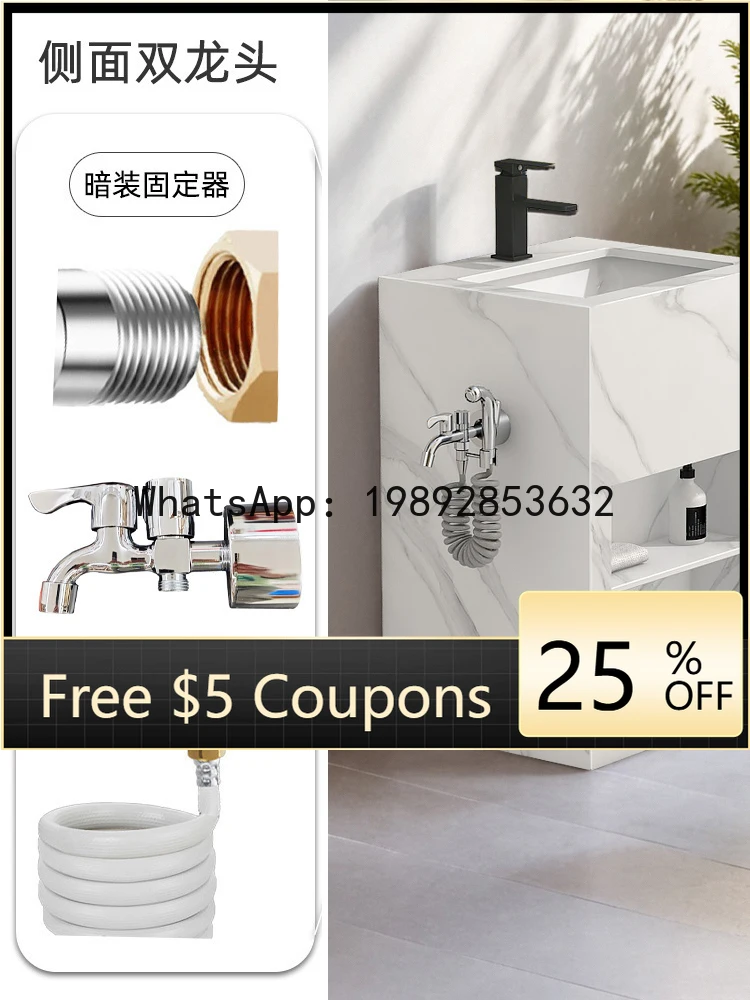 LX  Outdoor Rock Slab Wash Basin Courtyard Sink with Double Faucet Pedestal Basin Outdoor