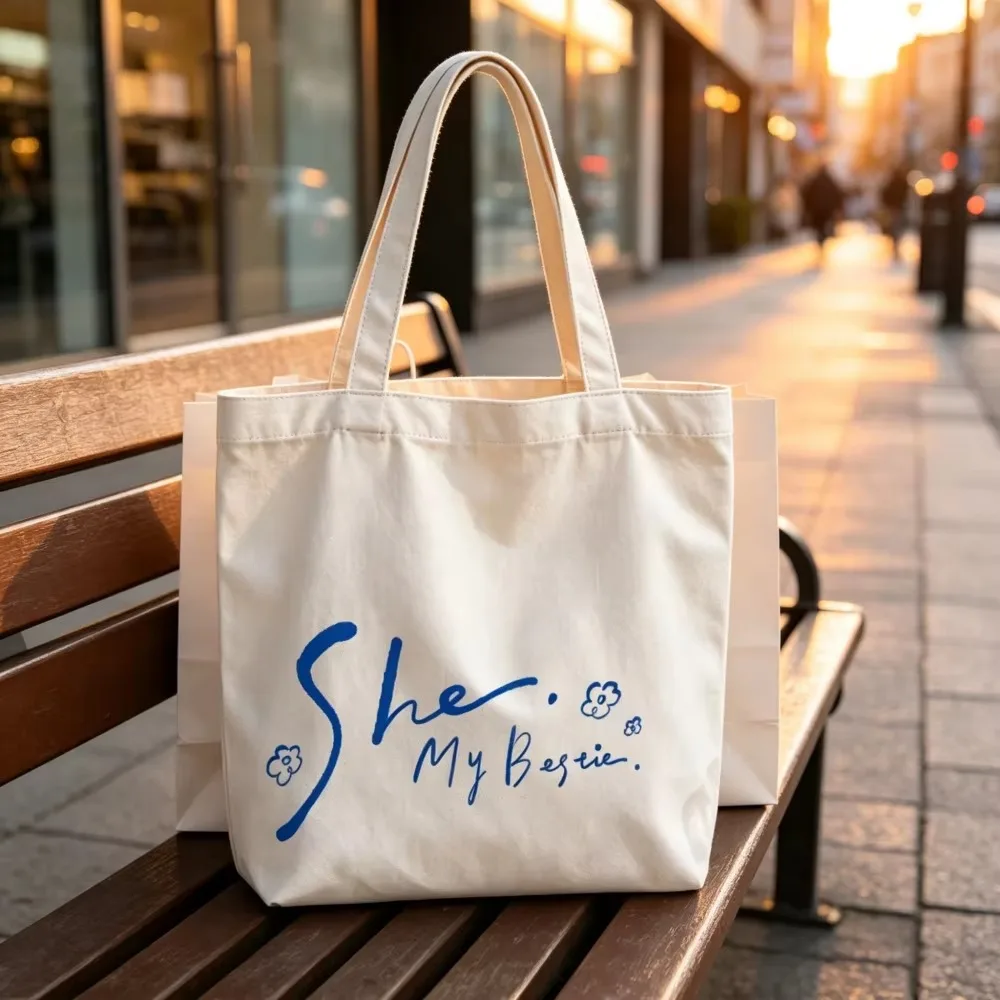 Personalized She My Love Canvas Tote Bags Custom Name Handwritten Script Romantic Grocery Shopping Bags Reusable for Women Gifts
