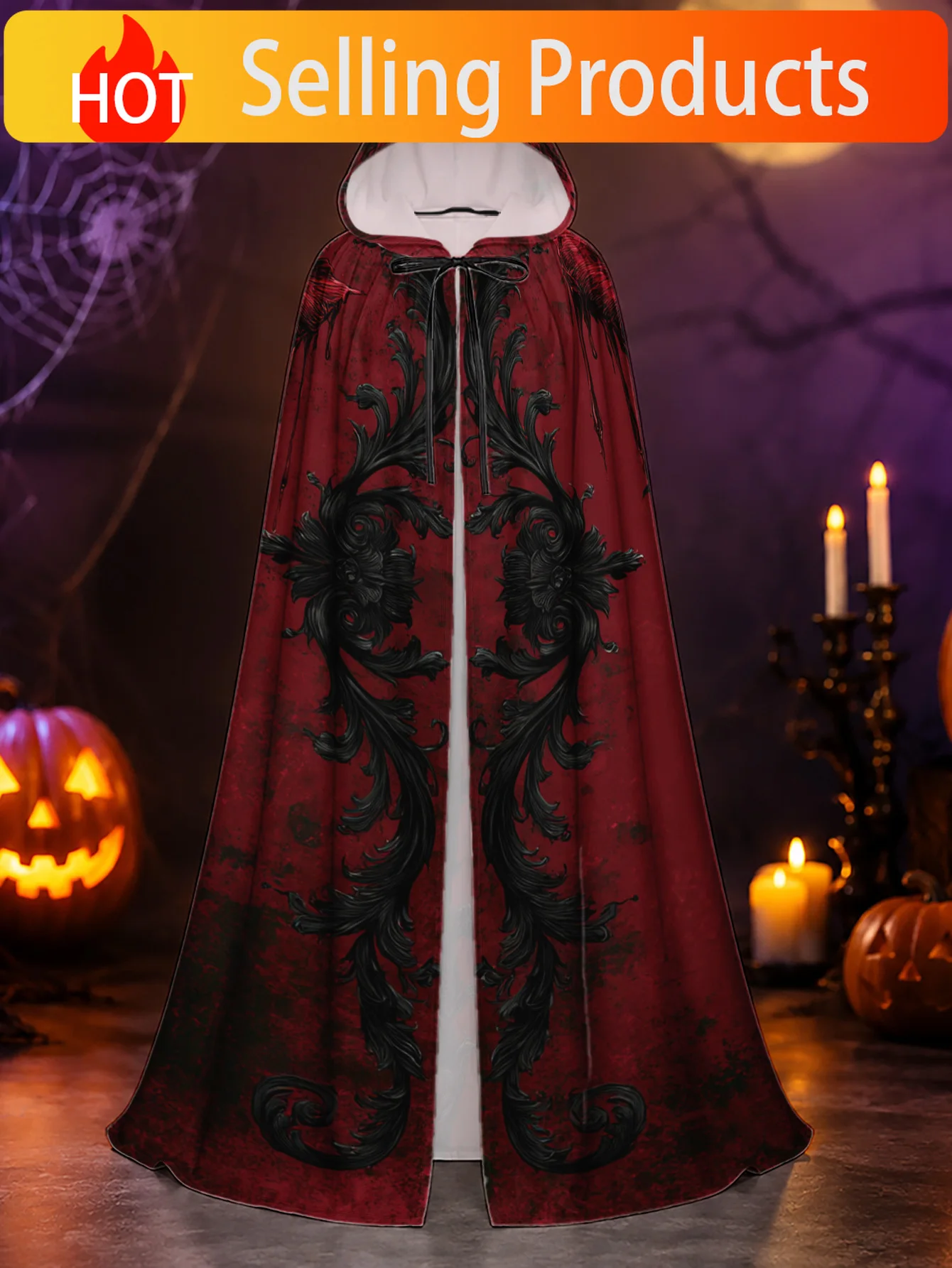 1pc Polyester Witch's Robe/Gothic Dripping Rose Flourish Pattern/Hooded Cape/Halloween And Christmas Cosplay/Suitable for Men An