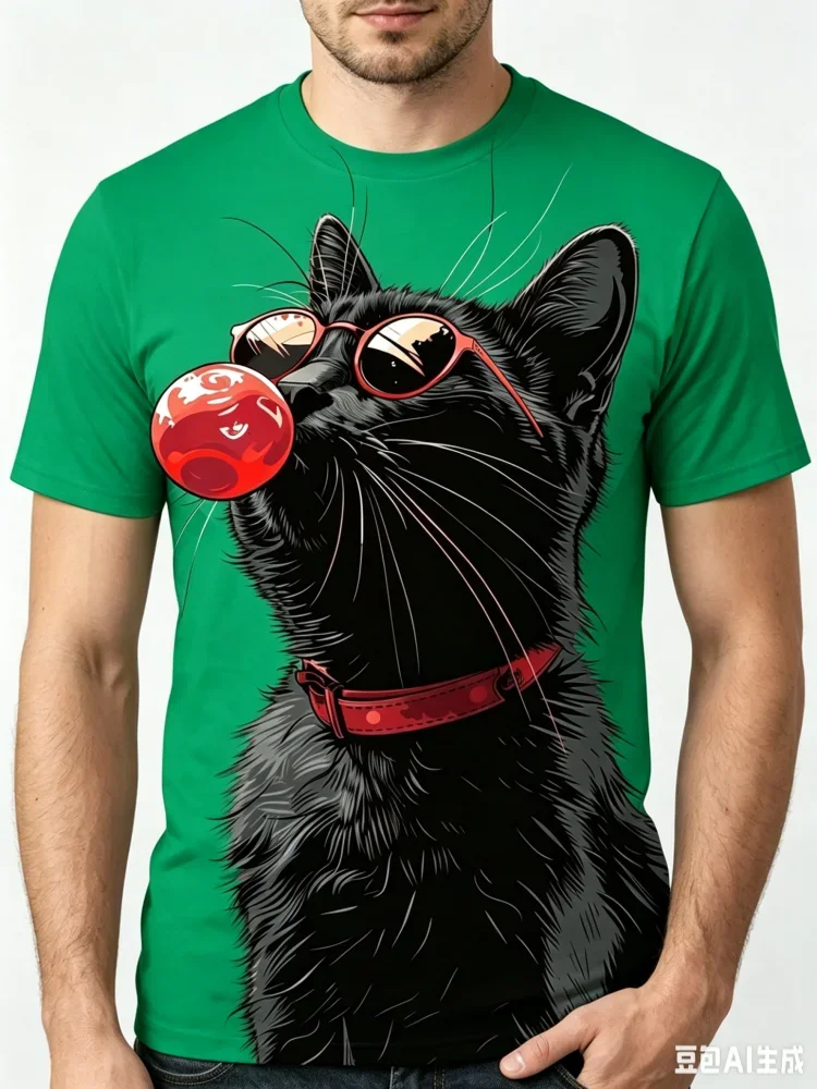 Fashion New Men's Cool Black Cat Bubble Gum Print T-Shirt Summer Casual Short Sleeve Trend Street Hip-hop Man Clothes