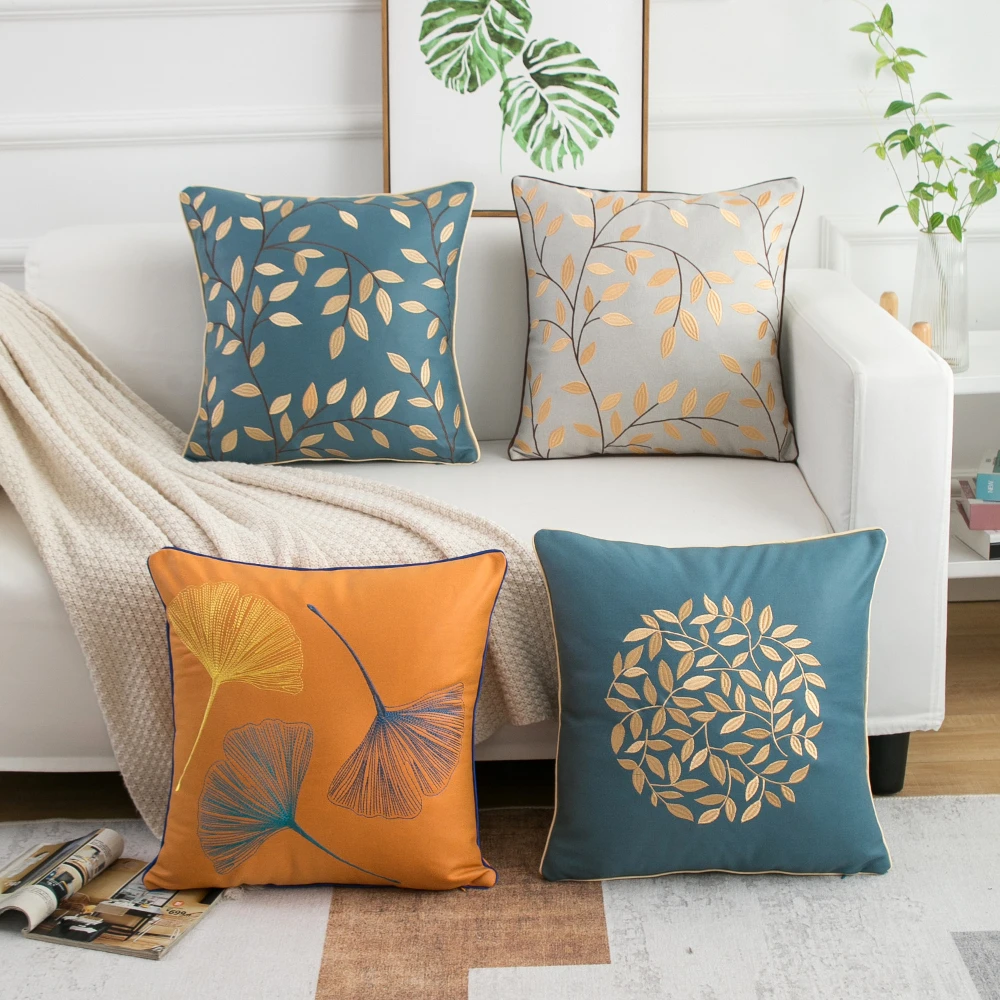 

New Tech Cloth Leaf Embroidered Cushion Cover 45*45cm Nordic Light Luxury Pillowcase Yellow Blue Decorative Pillows for Sofa