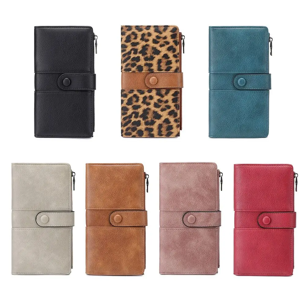 PU Leather Women Long Wallet Multi Card Slot Leopard Print Double Fold Wallet Zipper Closure Long Style Zipper Purse Women