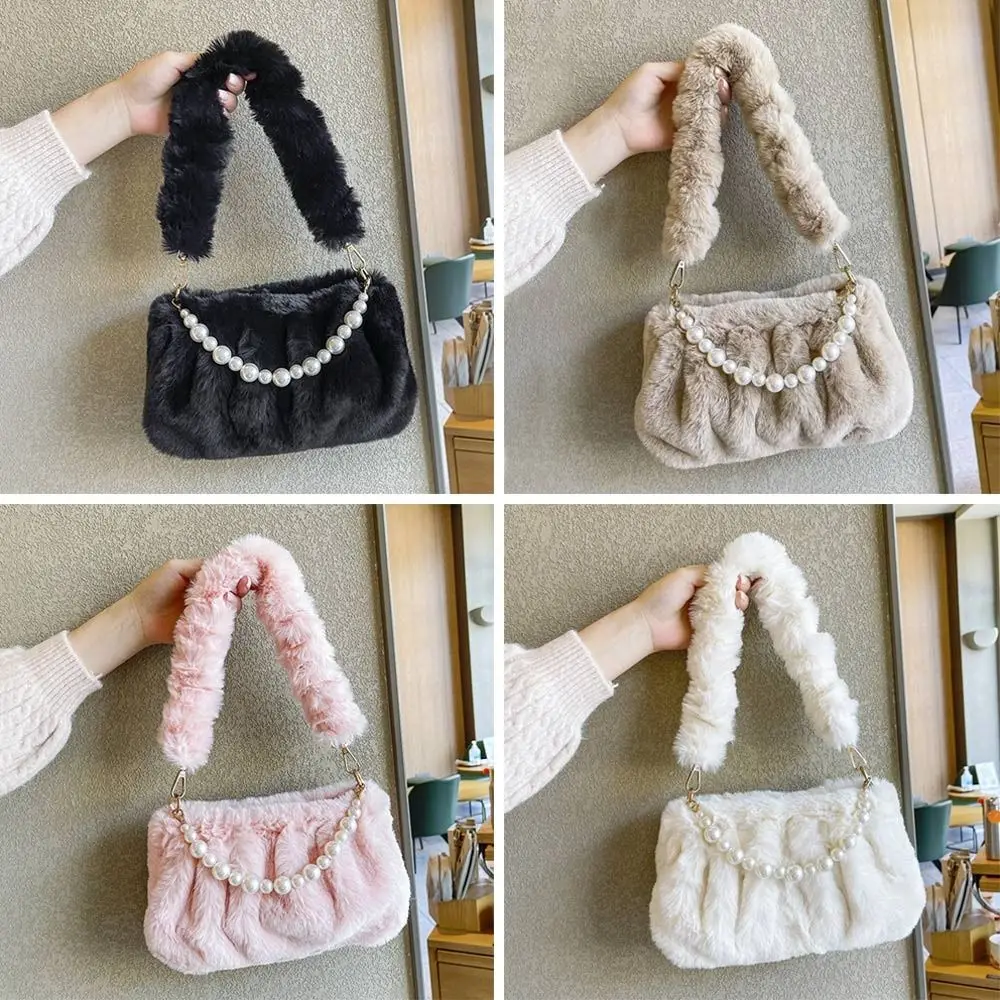 

Fashion Women Fluffy Shoulder Bags Female Winter Pearl Chain Underarm Bag Solid Color Handbag Soft Plush Handle Bag