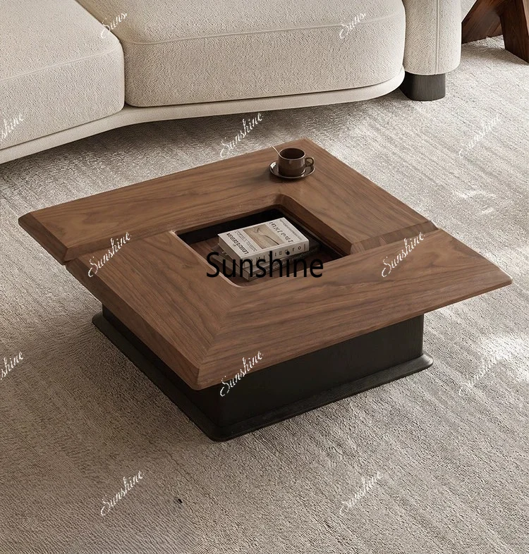 Medieval light luxury high-end walnut color deformed square storage coffee table