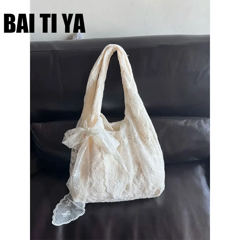 

Корейская женская сумка-тоут из холщовой ткани с кружевным цветочным узором, большая вместительная сумка на одно плечо для повседневного использования, сумка-багет с узлом