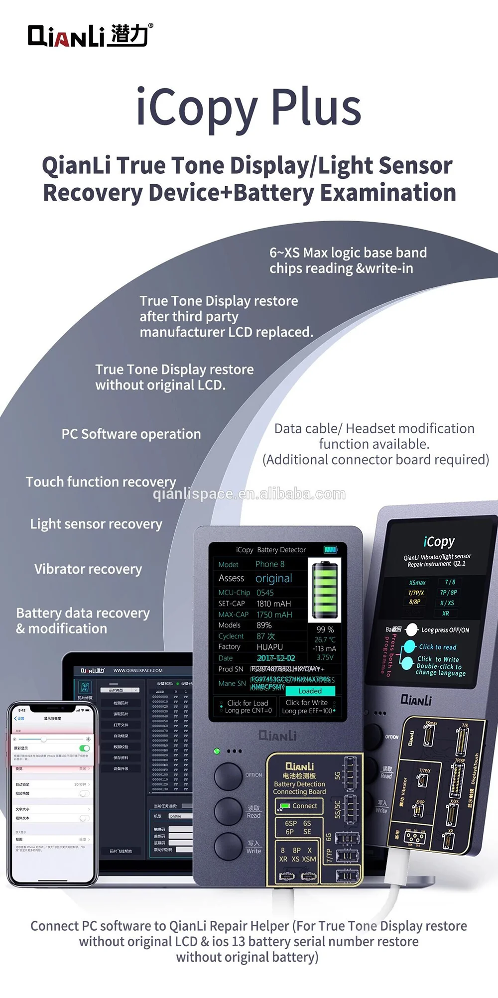 Qianli iCopy Plus 2.2 with Battery Board for iPhone 14 13 12 11 X XR XSMAX 8P 8 7 LCD Screen Vibrator Transfer EEPROM Programmer