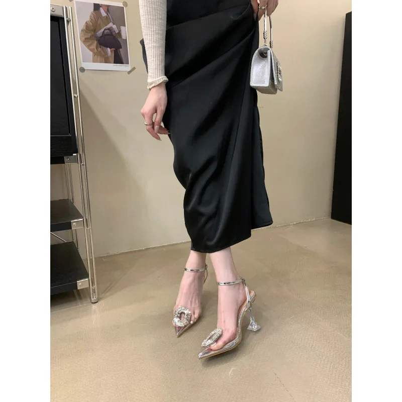 Beige Heeled Sandals Low-Heeled Shoes With Strap 2024 Women's Black Low-heeled Closed Fashion New High Comfort Pointed Rhineston