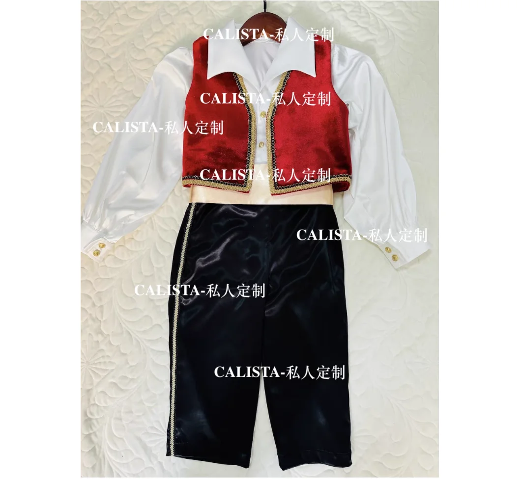 Gebelia male variation Prince ballet dress Red vest white long-sleeved shirt black trousers gold belt 4-piece set