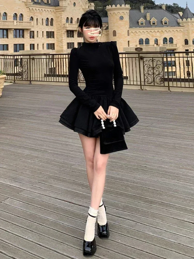 2023 Autumn Elegant Black Two Piece Dress Set Women casual Vintage Coat + Y2k Sweet Party Gown Dress Korean Fashion Female Suits