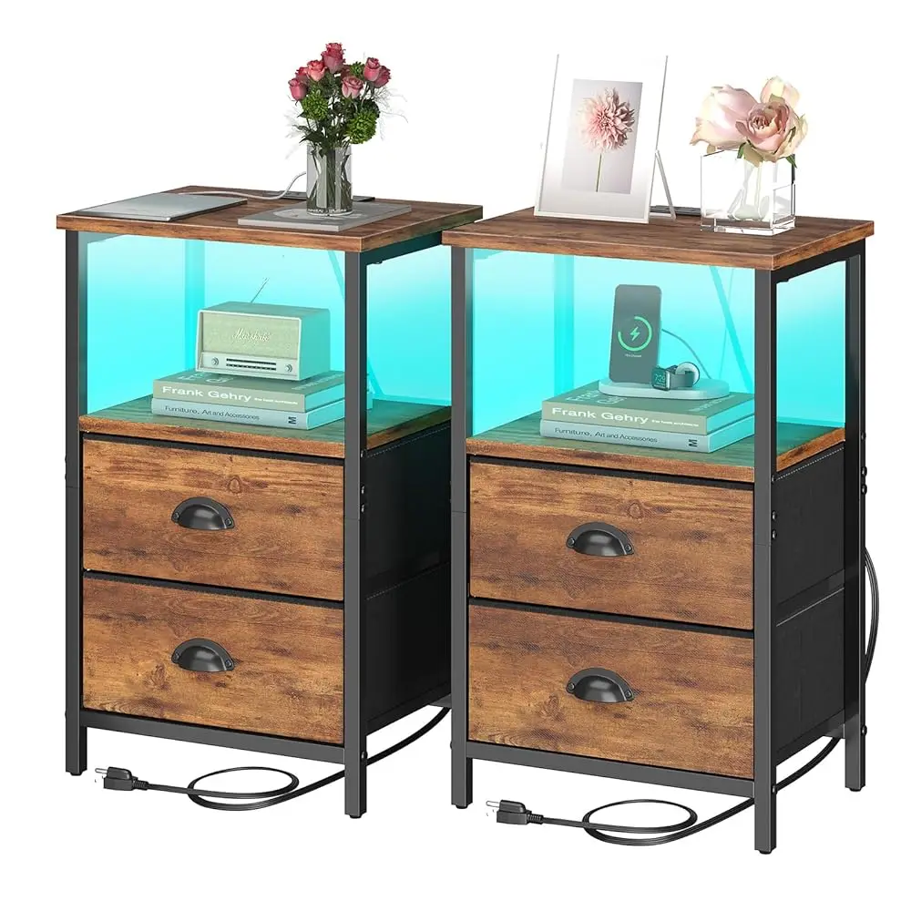 

Rustic Brown Industrial Nightstand Set Of 2, Bedside Table With 2 Fabric Drawers, 3-Tier Storage, Led Light, Charging Station,