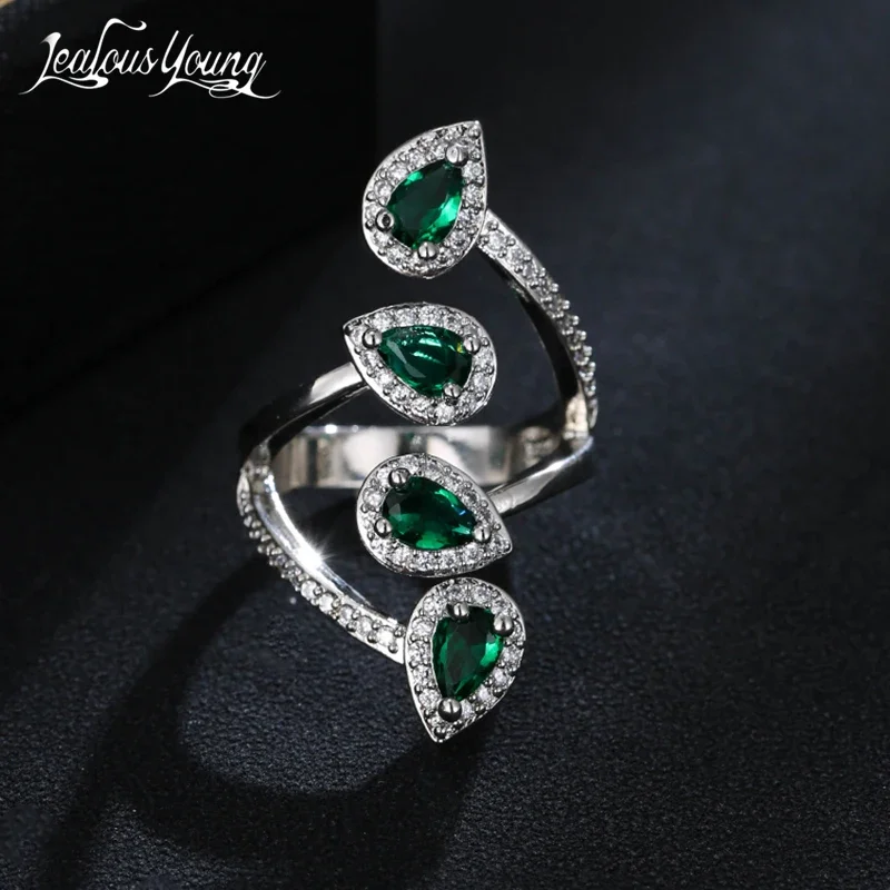 New Fashion Green Water Drop AAA Cubic Zirconia Open Rings for Women Girls Party Ring Wedding Friend Birthday Gift Jewelry