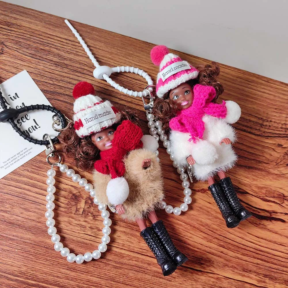 IGNICASE Cute Hat Sweater Black Leather Doll Doll, Fashionable Pearl Chain Pendant, Exquisite High-end Bag Pendant Accessories