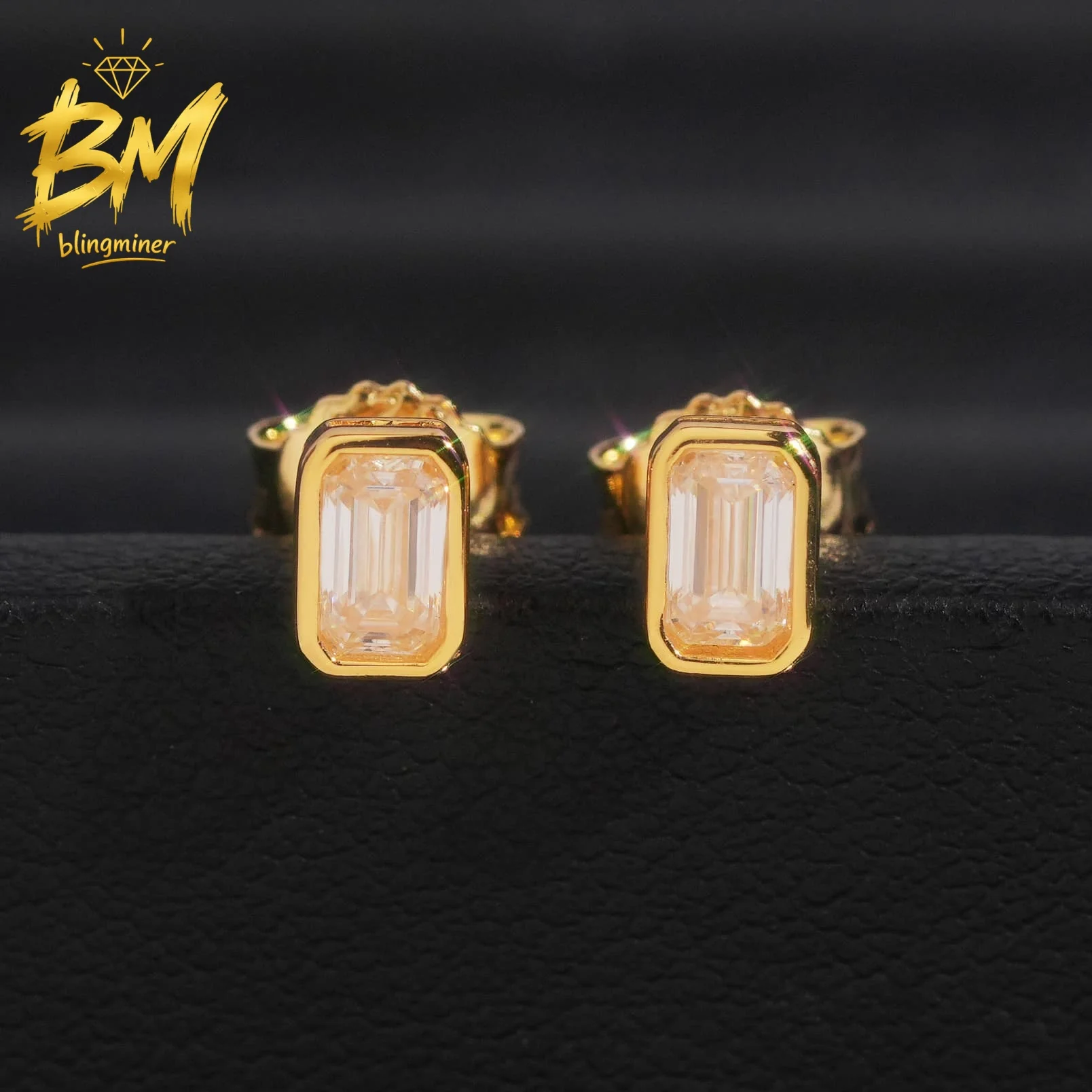 Blingminer Hip Hop Emerald Cut VVS Moissanite Earrings For Men Women S925 Silver Ear Studs Jewelry Pass Diamonds Tester GRA