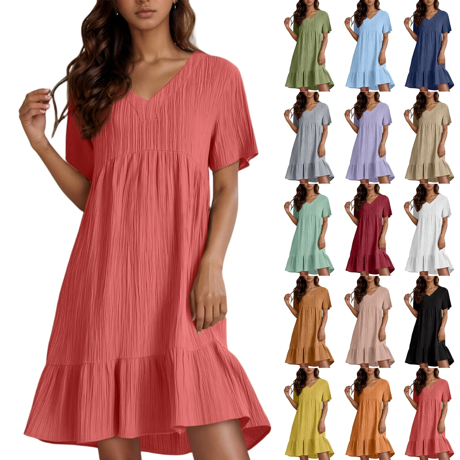 فستان نسائي كاجوال وعصري بلون سادة فضفاض بأكمام قصيرة وخصر مشدود فساتين نسائية أنيقة للحفلات