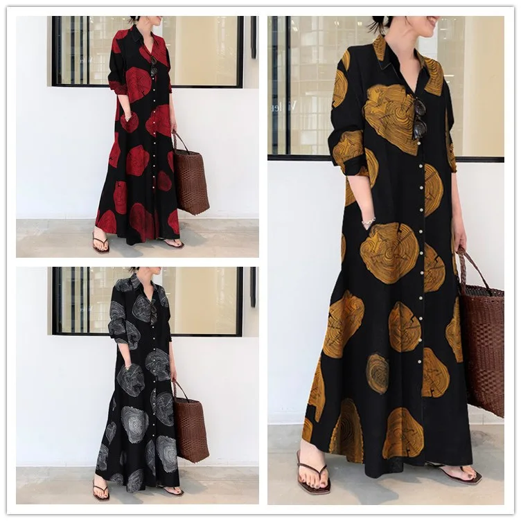 여성용 셔츠 드레스 봄 가을 V 넥 긴 소매 프린트 Sundress 캐주얼 루즈 드레스 Robe Femme Maxi Vestidos Kaftan