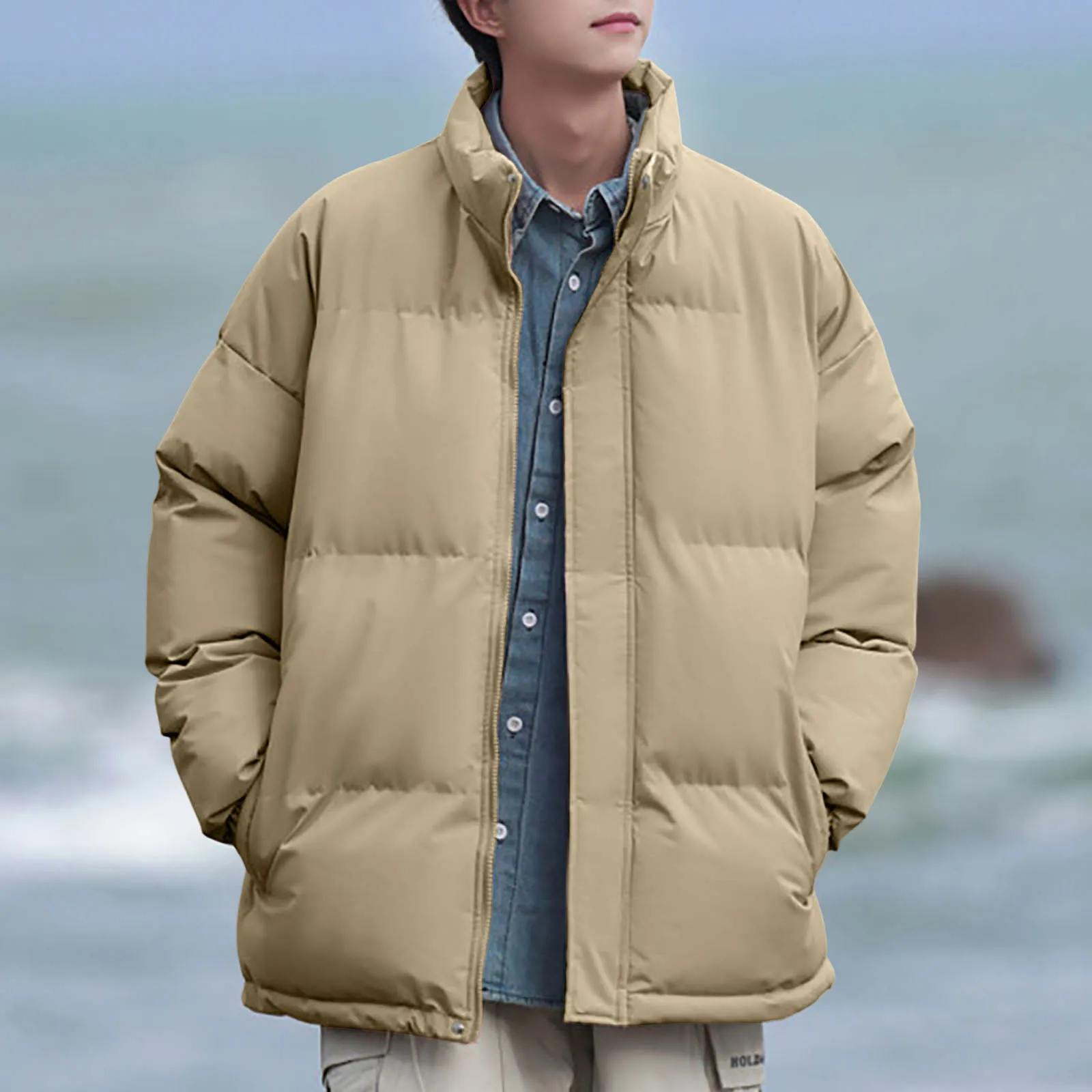 Men's Winter Solid Color Stand Up Collar Zip Up Padded Jacket Men'S Loose Oversized Warm Fashion Bread Coat With Pocket