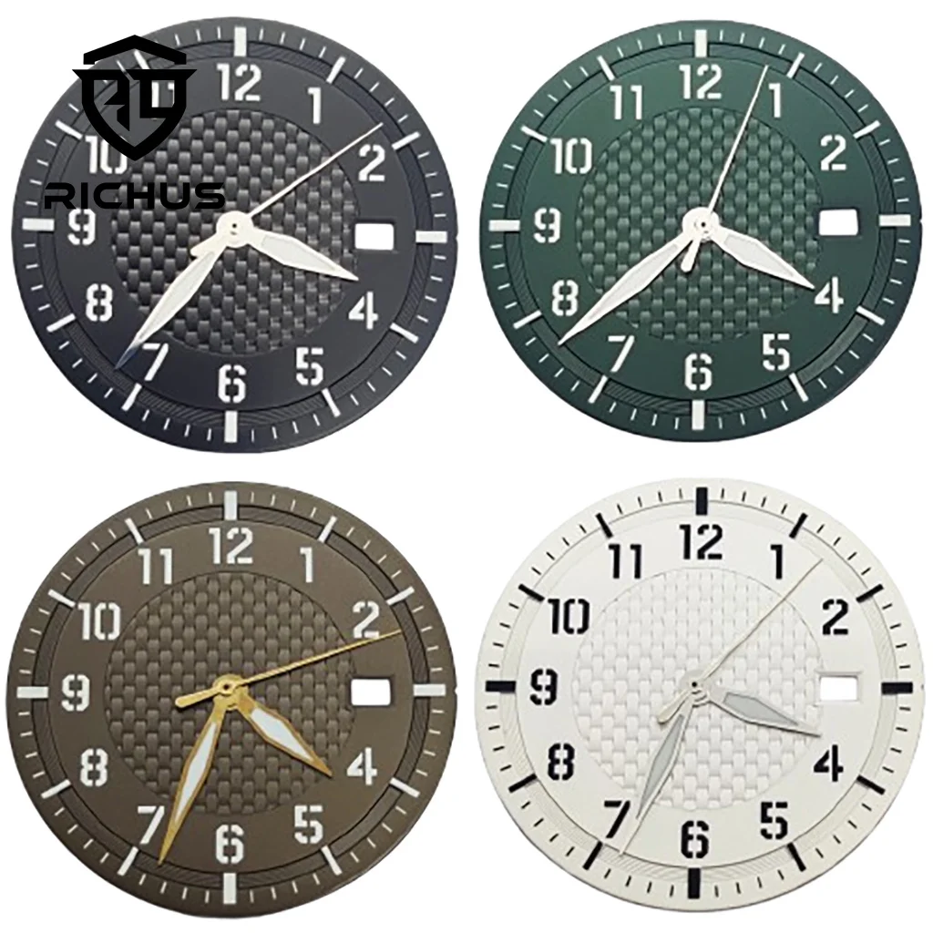 RICHUS 34 ملم قرص ساعة أسود معقم مع عقارب ساعة خضراء مضيئة تناسب حركة NH34 NH35 NH36