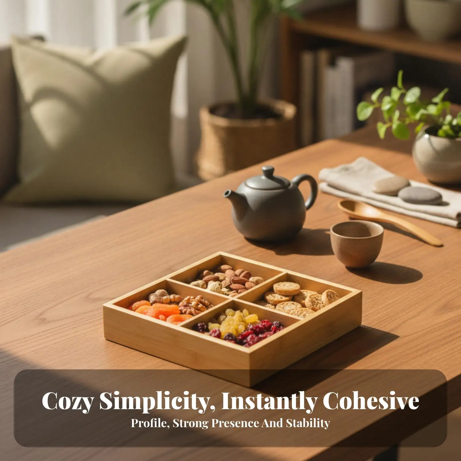 Bamboo Rectangular Serving Tray with Compartments for Candy Nuts and Dried Fruits Versatile Table Decor Tray