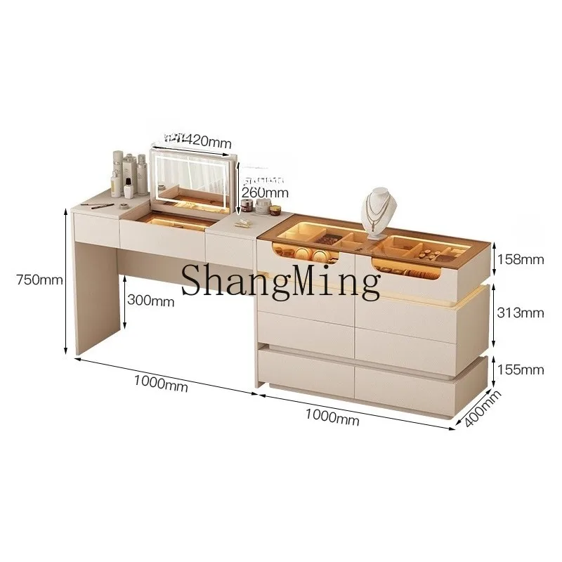 

ZHB Cream Wind Desk Dresser Integrated Makeup Table Small Apartment Bedroom Mirror Hidden Makeup Table with Light