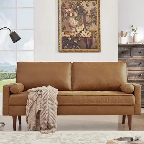 58" Loveseat Sofa Couch, Mid Century Modern Faux Leather Couch with Hand-Sewn Deep Love Seat & 2Pillows, Home Sofa - view 3