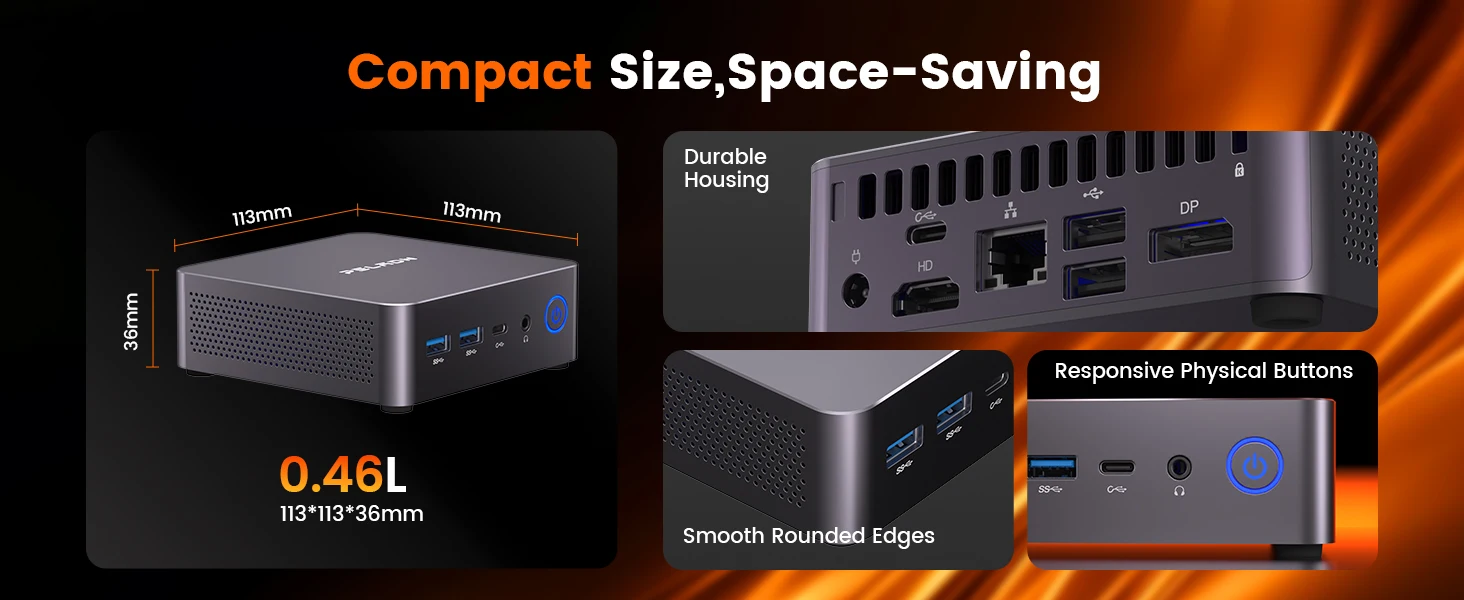 PELADN WO7 Mini PC AMD Ryzen 7 7735U (8C/16T, up to 4.75Ghz) 16GB DDR5+1TB SSD WiFi6 BT5.2 Quadruple-Display Mini Computer