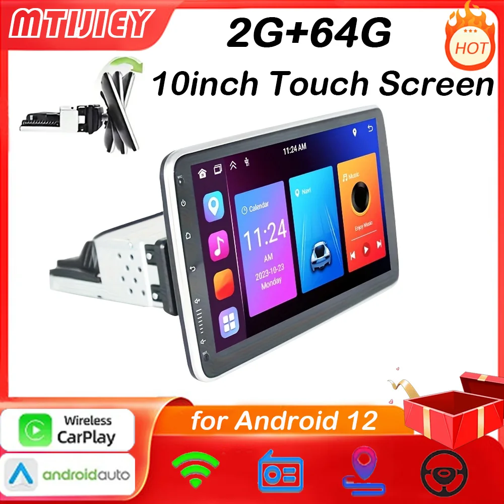 

MTIJIEY 2G+64G Android12 1din Car Radio 10''autoradio Carplay Rotatable Screen Bluetooth FM Radio Receiver GPS Navigation