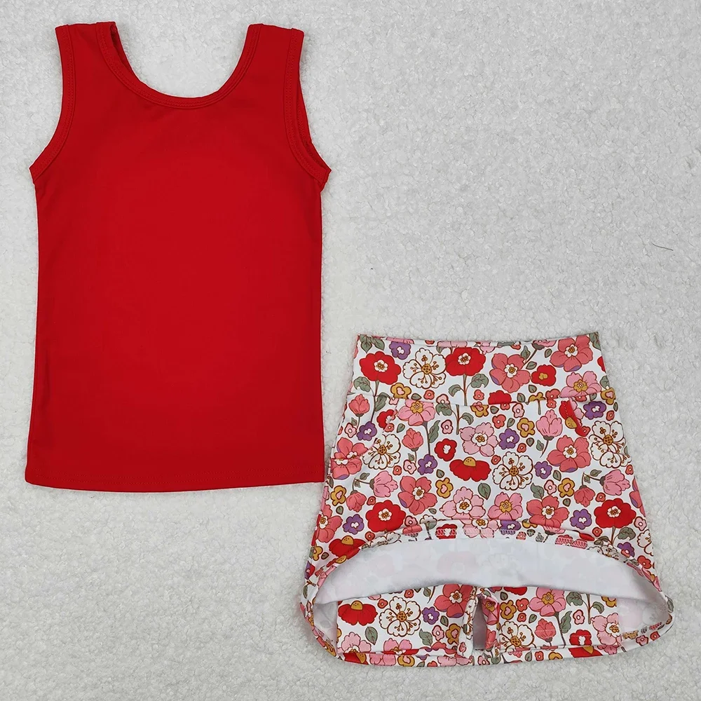 

New Fashion Baby Girls Clothes Red Vest Flowers Skirt Yoga Boutique Kids Children Clothing Girls Skirts Outfits Active Wear Sets