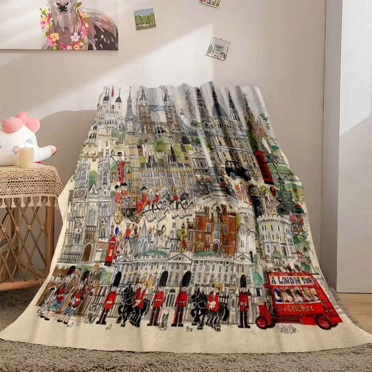 Hand-Drawn London City Landmark Collection British Style Printed Flannel Blanket, Throw Blanket for All Seasons Home Sofa Nap Wa