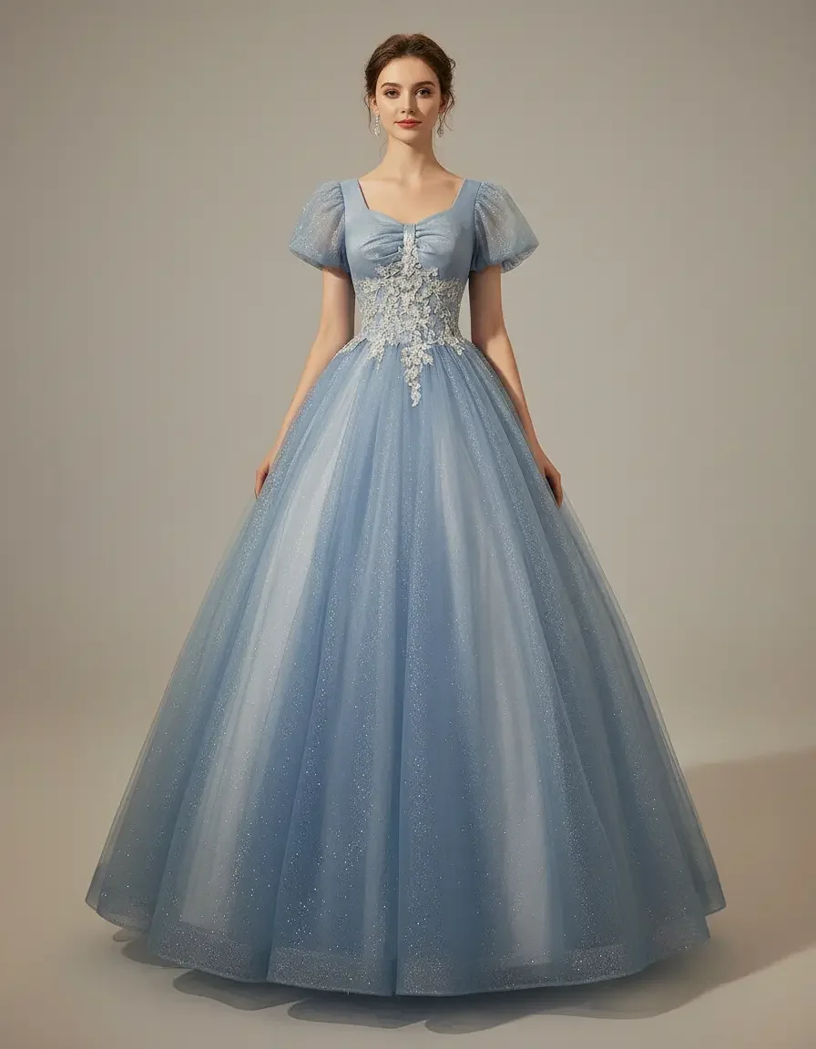 Light Blue Puff Sleeve Tulle Ball Gown with Beaded Lace Waist & Corset Back for Quinceanera, Prom & Formal Events