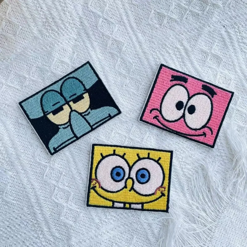 Square Cartoon SpongeBob Square Pants Patrick Star Embroidery Self-adhesive Cloth Stickers Decorative Clothes Stickers Wholesale