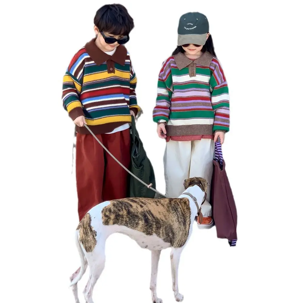Children's Sweater 2025 Spring Children's Lapel Striped Knitted Top Children's Foreign Style Knitted Rainbow Jacket