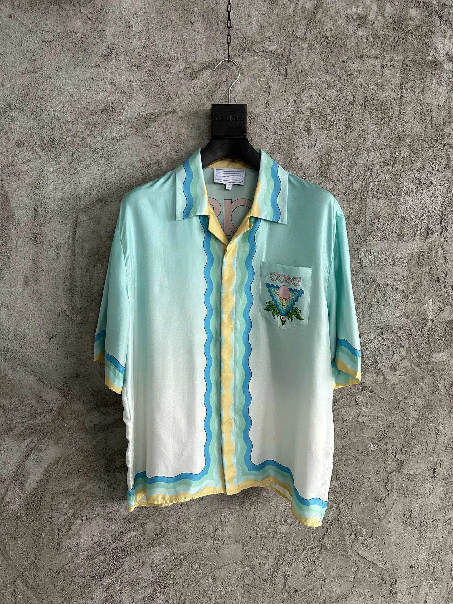 

men beach lake green wave prints short sleeve silk shirt