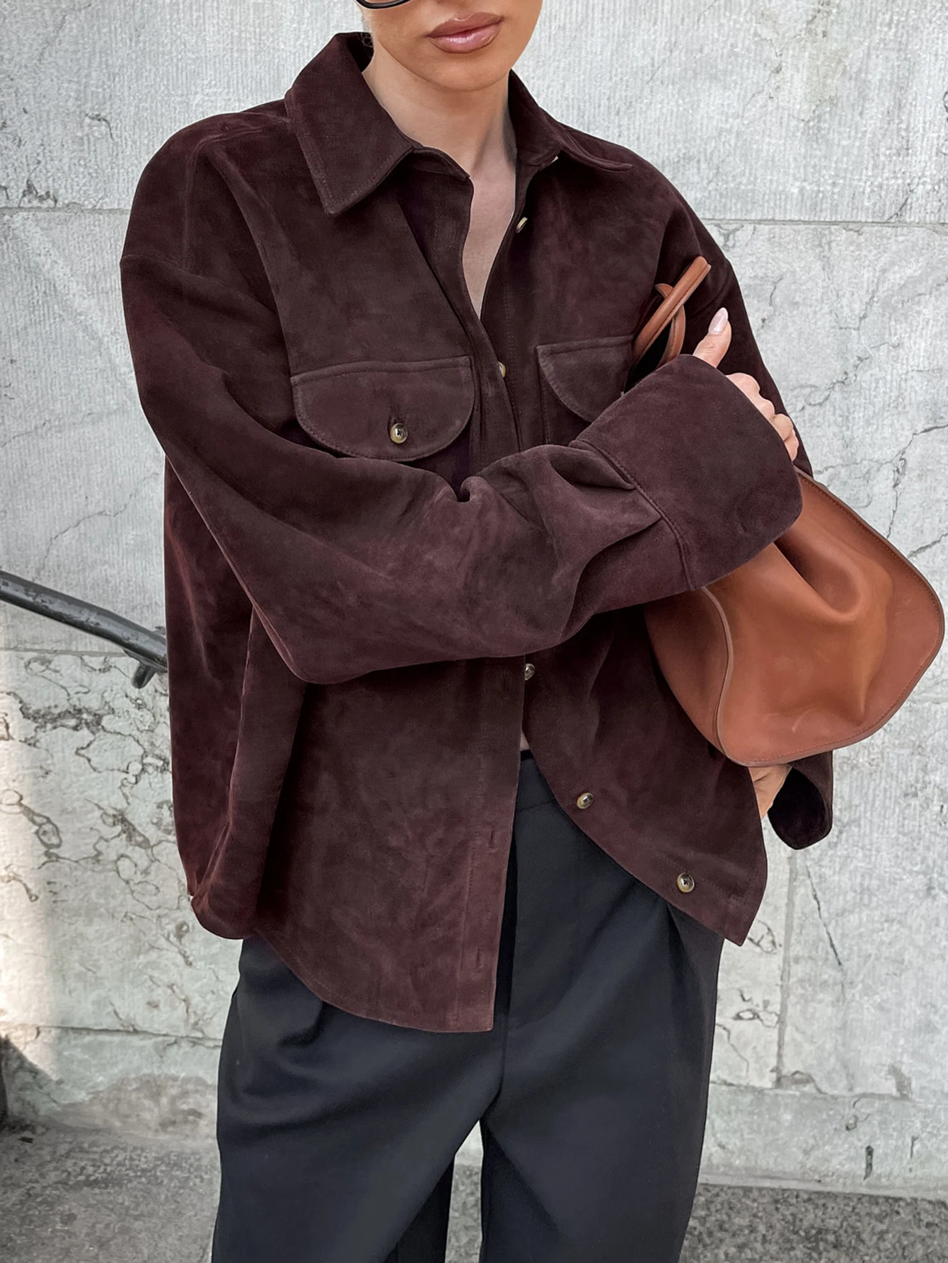 معطف نسائي كاجوال من الجلد، ملابس خارجية عصرية للشارع بدون نمط تزيين أنيق #3