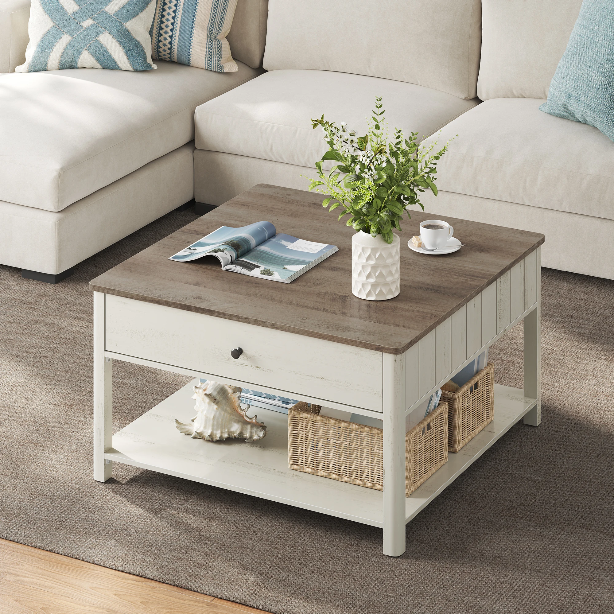 VASAGLE salontafel, woonkamertafel, salontafel, 2 grote lades, met poten, veel opbergruimte, maritieme stijl, 80x80x45 cm