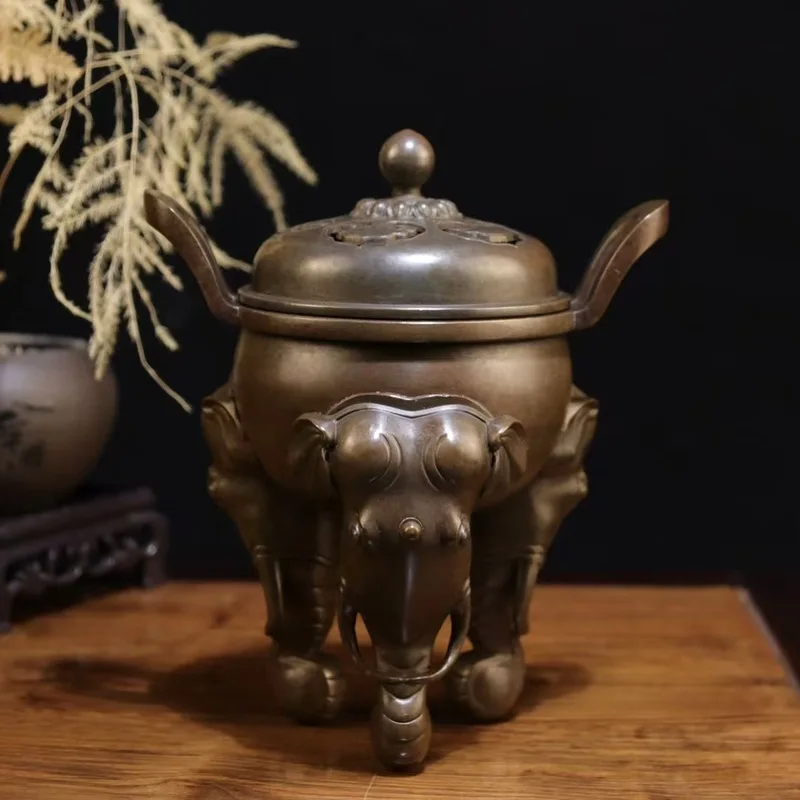 Copper alloy incense burner, elephant head three-legged burner, home-use Zen-style incense burner, tea room sandalwood incense b