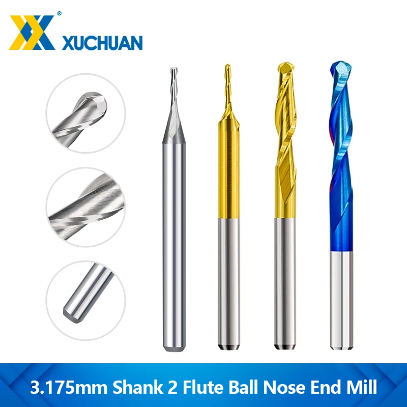 

3.175mm Shank 2 Flute Ball Nose End Mill HRC 60 Nano Blue Coated Tungsten Carbide CNC Router Bits for Woodworking Tool
