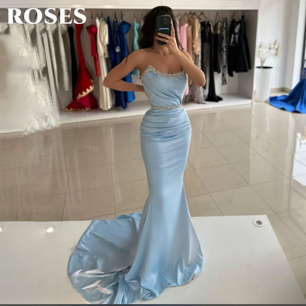 

ROSES Simple Sky Blue Sleeveless Evening Dresses Trumpet Satin Prom Gown with Glitter Crystals Pleats Party Dresses Customized