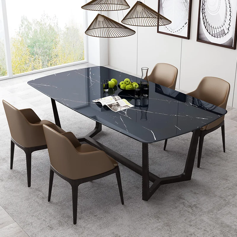 

Nordic marble dining table modern simple small flat rectangular solid wood dining table and chair combination 6 people