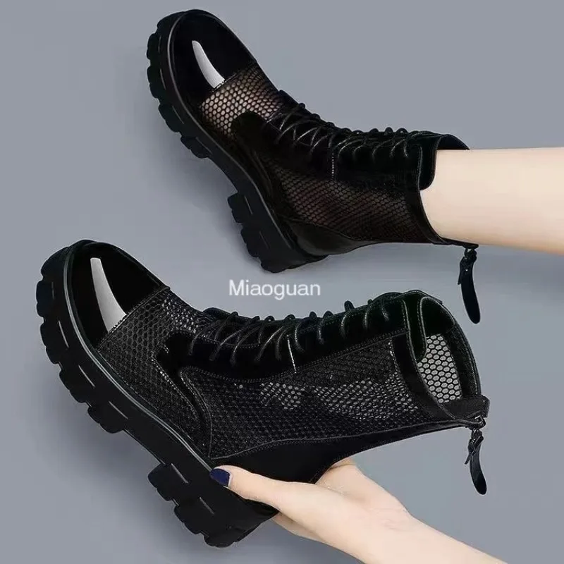 Summer Ankle Boots Women\'s 2024 New Chunky Hollow Out Shoes Brand Female Black Round Toe Lace-up Ladies Fashion Platform Comfort