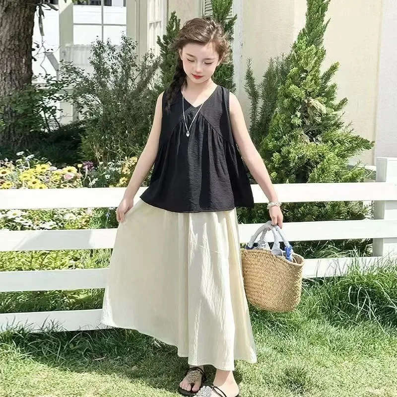 2026 two pieces summer girls Cloth Children set sleeveless Teen loose camisole T SHIRT + layered long skirt 4 8 10 12 year Korea
