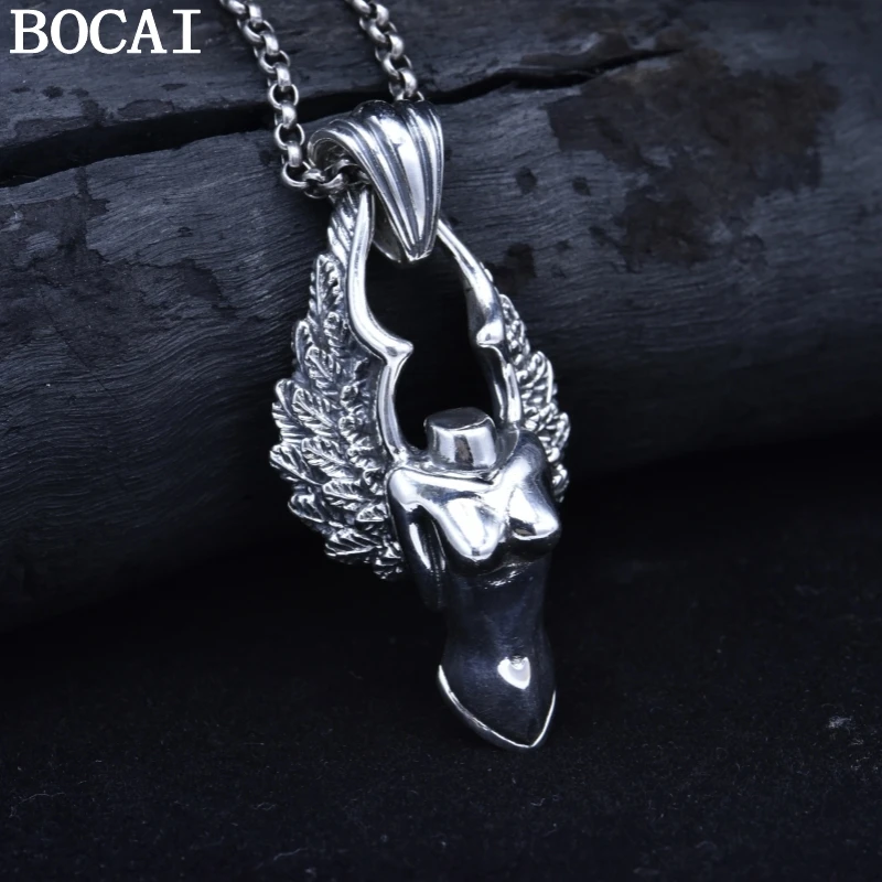 BOCAI S925 Sterling Silver Pendants for Men Women New Fashion Pray Three-dimensional Angel Halo Wing Amulet Punk Jewelry
