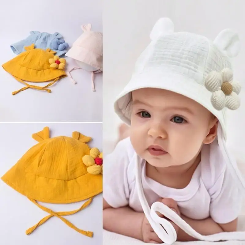 

U50F Baby Sun Hat with Flower Embellishments Cosy Cotton Fisherman Caps