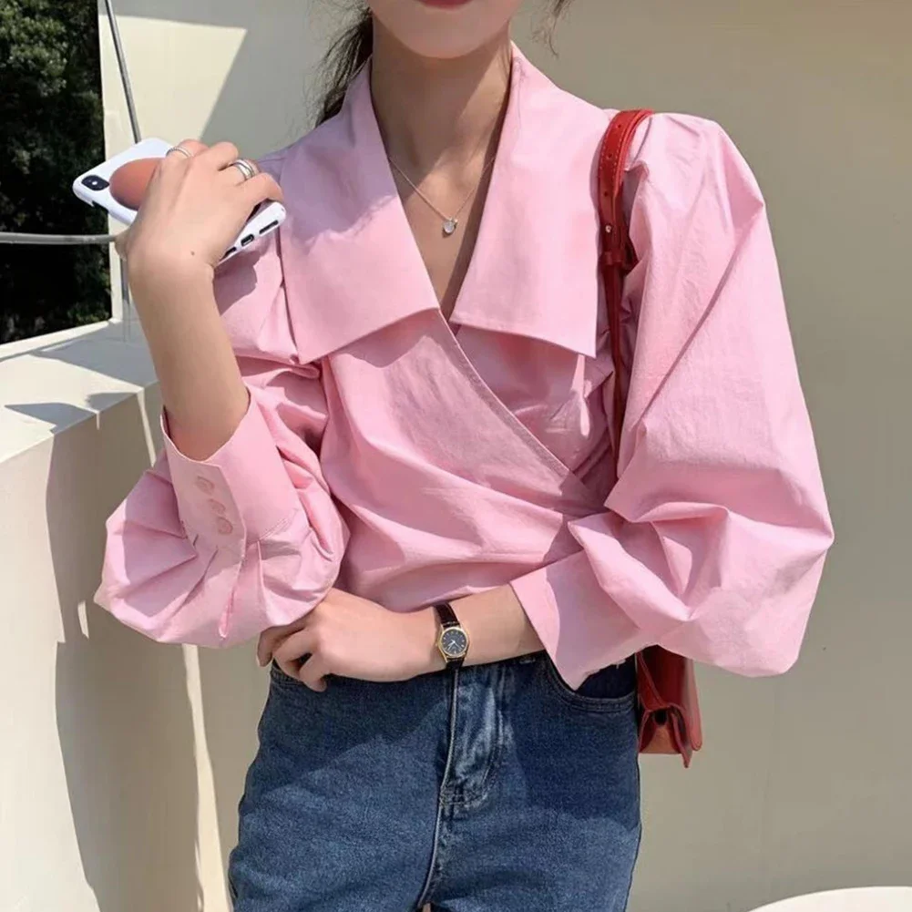 Autumn Season Waist Cross-over Shirt Casual Female Shirt Lapel Neckline Polyester Fabric Slightly Elastic Solid Color Pattern
